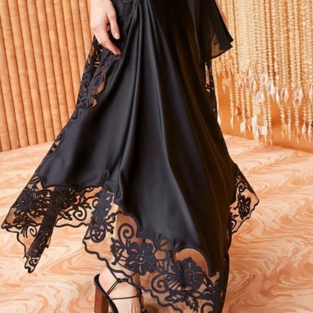 Black Lace-Trim Satin Maxi Skirt - Picture 2 of 8